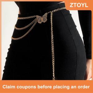 【ZTOYL】 ชุดเดรสสายคาดเอวลายผีเสื้อสำหรับผู้หญิง ชุดเดรสสายรัดเอวทำจากโลหะหลายชั้นสง่างาม