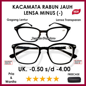 NEW- Kacamata Minus Pria Dan Wanita - Frame Mika Warna Hitam -  Ready Ukuran (-)0.50 Sampai (-)4.00 - Kacamata Kotak Rabun Jauh - Engsel Per Ujung Tungkai Lentur- FREE CASE - Kacamata Model Kekinian