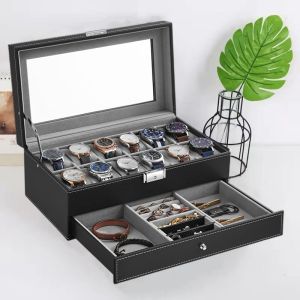 12 Grids Slots Watches Display Storage Box Case PU Leather Double Layers Black