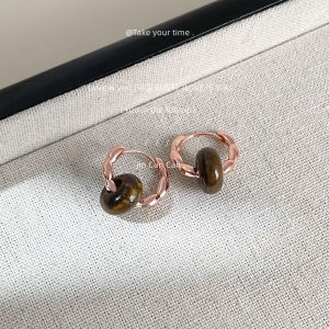 [138] Rose Gold Plated Vintage natural stone tiger eye agate stone rose gold hoop earrings