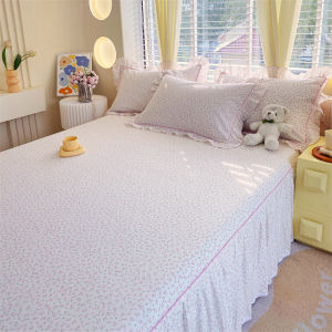 1200TC Combed Cotton Bed Skirt Cover Fitted Sheet Pink Flowers Printed Bed Sheet with Skirt Lace Bed Skirt Anti-Slip Dustproof Mattress Protector with Elastic Bands