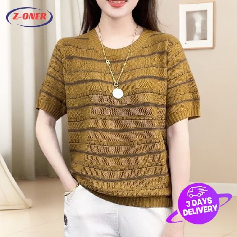 Z-ONER Ice Silk T Shirt for Women Striped Knitted Sweater Tshirts