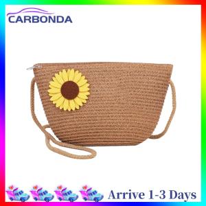 Women Fashion Straw Weave Flower Zipper Shoulder Crossbody Bag Beach Purse