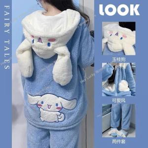 Kawaii Sanrioed Cinnamoroll 2Pcs Womens Plush Pajamas Suit Winter Y2K Hooded Home Clothes Cartoon Thickened Homewear Soft Girls