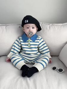 Korean-style baby spring jumpsuit stylish and fashionable striped knitted romper 2024 Baby sweater romper trendy