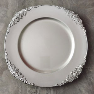 Plastic Charger Plates with Silver Paint Finish Set of 6 - Ornate Edge Decorative Dinner Plate for Table Setting 13 inch Silver