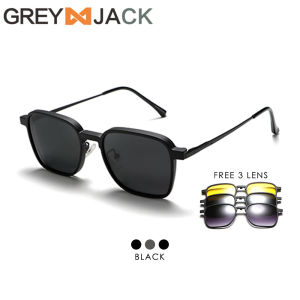 Grey Jack Kacamata Clip On 4in1 Free Lens Polarized Night Drive Bahan Metal Kotak Pria Wanita Bisa Minus Antiradiasi Blueray Photocromic 8131