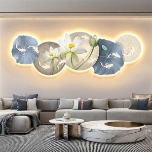 Tranh đèn led cá và hoa sen 29 uv mặt mica sáng bóng kèm đinh treo
