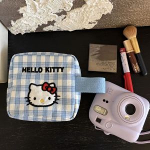 UND309X Di động Túi mỹ phẩm hình mèo Kitty Ví Phong cách Hàn Quốc Túi đựng băng vệ sinh Đa chức năng Mềm mại Ví đựng tiền xu kẻ caro xanh Học sinh