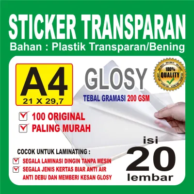 Stiker Transparan A4 isi 20 lbr / Kertas Sticker Transparant Laminasi