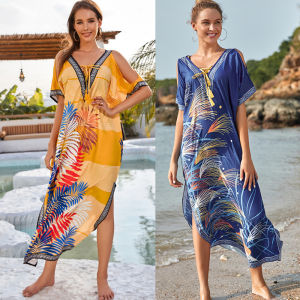 ชุดคลุมบิกินี่ปิดไหล่พิมพ์ลายชุดว่ายน้ำสำหรับผู้หญิงฤดูร้อนชุดเดรสว่ายน้ำผูกเชือกชุดเดรสแม็กซี่