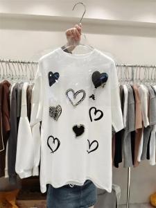 New Womens Round Neck Solid Color T-shirt Summer New Fashion Youth Casual Love Printed Short Sleeve Loose Pullover Tops