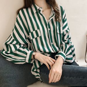 Whit Pocket M-4XL Korean style Stripe Shirt Women Casual Polo Collar Long Sleeve Blouse Oversize Top