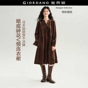 GIORDANO Women Dresses Notch Neck Floral Corduroy Dresses A-Line Fashionable Casual Tiered Midi Dresses 18466323