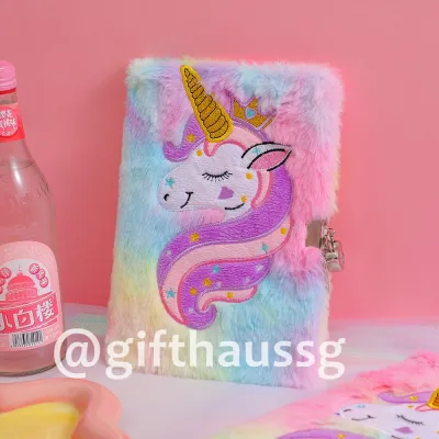GifthausSG Secret Diary Unicorn Plush Diary Notebook Book Flurry Fur with Lock and Keys Planner Journal Birthday Gifts Idea Childrens Day Teachers Day Christimas Xmas