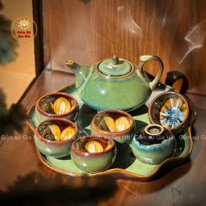 (Tổng hợp) Bộ Ấm Chén Hỏa Biến Men Xanh Tre Bát Tràng Kèm Khay Gốm
