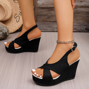 [Free Shipping] WomenS Thick-Soled Wedge Sandals 2026 Large Size Denim Fabric With Crisscross Straps And A Single-Strap Design