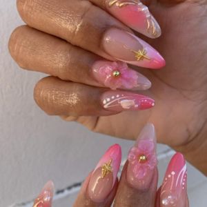 Long Almond Press on Nails 3D Flowers Fake Nail 30Pcs Yellow French Artificial Nail Rhinestones Charm Stick on Nail for Women Party Beach
