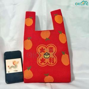[OKLIFE. SG]Chinese New Year Knitted Gift Bag CNY Fortune Knitted Bag Lunar New Year Red Knitted Tote Bag