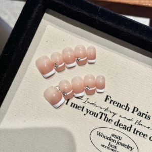 【5in1 Toolkit+HANDMADE】Cold Extract Gem French Nude Gentle Ultrashort Trapezoid Fake Nails With Glue Phototpy Nails Press On Nails Reusable Waterproof