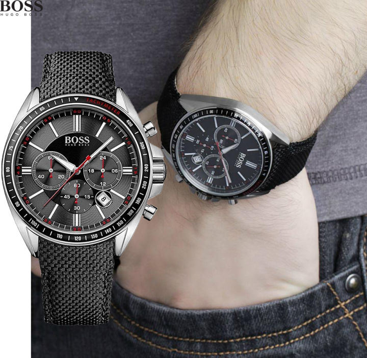 Real Photo Original Hugo Boss Men s Driver Sport Chronograph Black Nylon Mix Leather Watch 1513087 Jam Tangan Lelaki Lazada