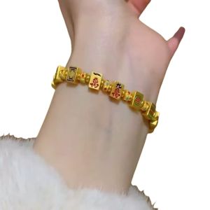 DRESSPLUS Chinese Character Mahjong Beads Bracelets Hand Jewelry DIY Charm Bohemian Style Bangle Fashion Adjustable Golden Mahjong Bracelet Girls Gifts