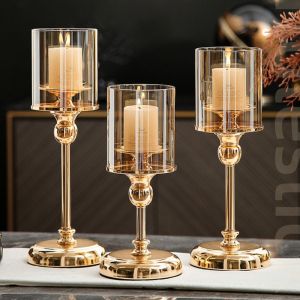 EKILLERLY Detachable Metal Glass Candle Holders Transparent Luxury Romantic Candle Cup Vintage Columnar Nordic Glass Candle Stand Wedding