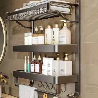 Kệ Nhà Tắm 3 Tầng Xám 56cm - Nhôm Hàng Không Dán Tường Chống Gỉ Để Đồ Tiện Lợi