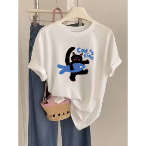 Elegant Ladies Short Sleeve T-Shirt Spring/Summer 2026 New Cat Time Catching Fish Cartoon Design Easy Everyday Wear