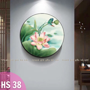 Tranh tráng gương hoa sen tròn nhiều mẫu - tùy chọn vải Canvas - thân gỗ chắc chắn - có khung - tặng kèm đinh treo