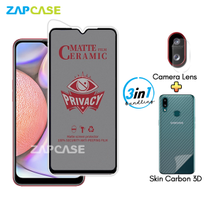 Paket 3in1 Anti Gores Layar Privasi Samsung A10s M10s Free Tempered Glass Camera dan Skin Carbon