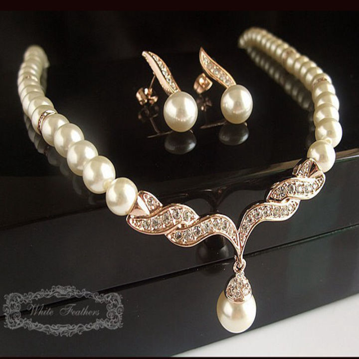 2pcs/set Elegant pearl jewelry set for women Korean fashion jewelry crystal  pearl pendant Necklace earring choker Wedding Jewelry Set gift Lazada PH