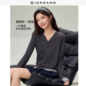 Giordano Beau Monde Women Fake two-piece contrast trim cardigan Free Shipping 13356610