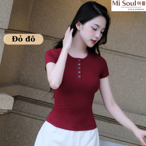 Áo Thun Nữ Cotton Mịn Mát MiSoul Phối Cúc Cổ Áo Phông Phối Cúc Ôm Body Basic Co Dãn Thoáng Mát BigSize 422