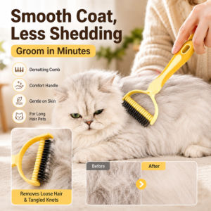 Pet Dematting Brush Deshedding Comb Pet Grooming Tool Stainless Steel Bristles Removes Loose Fur Tangles Gentle on Skin Dog Cat Hair Brush for Daily Grooming Care