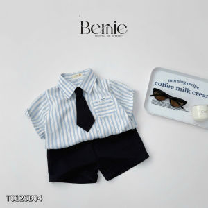 Set bộ sơ mi tay ngắn kẻ sọc vintage cho bé trai đi tiệc đi chơi kèm cà vạt 8đến 25kg BERNIET0125B04