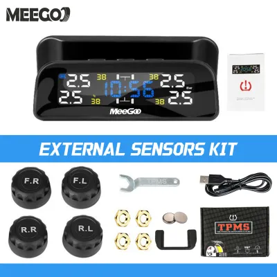 MeeGoo Car TPMS Wireless Tyre Pressure Monitoring System HD Color Display USB + Solar Charge Temperature Tire Pressure Auto Alarm Monitor + 4 Sensors