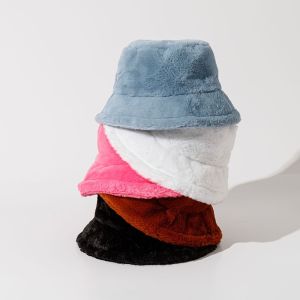 HOTOTO Soft Winter Bucket Hat Solid Colors Thickened Warm Faux Fur Cap Fashion Furry Outdoor Panama Hat for Women Girl