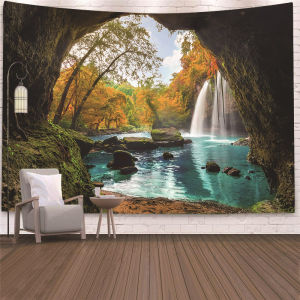 Hantar dari gudang tempatanTapestry Forest background tapestry with mountain and waterfall scenery wall backdrop fabric decorative beach towel