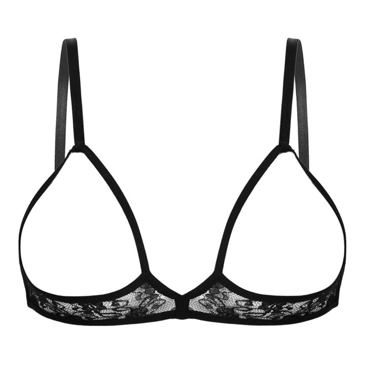 Piin Women Sheer Lace Lingerie Hollow Out Wireless Bra Top Sexy Half Cup Open Nipples Bra