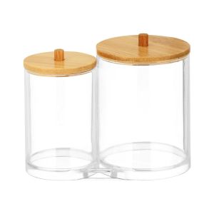 FLORI Dustproof Bathroom Clear Cotton Swabs Rod Bottle Makeup Cotton Pad Organizer Storage Box with Bamboo Lid