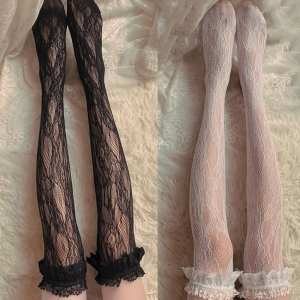 ถุงน่องสูงถึงต้นขาแบบ Fishnet ถุงเท้าแต่งระบายมีลวดลายลูกไม้ลายดอก