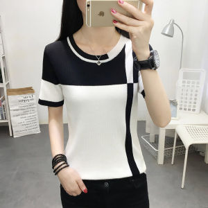 LUCKIN STORE Womens Short Sleeve T-shirt New Knit Blouse Loose Color-block Womens Top Pullover