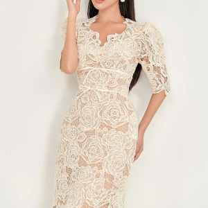 Apricot เดรสลูกไม้งานพรอมผู้หญิงเสื้อเชิ้ตคอวีดอกไม้ Hollow newชุดสุภาพสตรีแขนสั้น Elegant เสื้อกั๊ก Idos De Mujer ฤดูใบไม้ร่วง