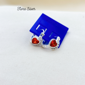 FLORA 0535B - Bông tai bạc ta hình trăng mix hình trái tim màu đỏ hồng trắng dành cho bé gái