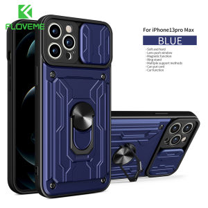 FLOVEME Armor Shockproof Phone Case For iPhone 13 12 11 Pro Max X XR XS Max X 7 8 Plus Magnetic Ring Slide Lens Card Slot Back Cover