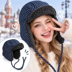 WELLNOW Fleece Lining Ear Protection Hat Polka Dot Pattern Double-Sided Wear Winter Warm Hat Versatile Thickened Lei Feng Hat for Men and Women