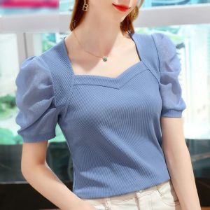 Fashion Chic Top French Ladies Square Neck Women Blouse Summer Bubble Sleeve Solid Color Pullover Short Sleeve Tops Shirt