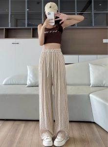 Luna Shop กางเกงผู้หญิง กางเกงขายาวทรงหลวมสไตล์อิดโรยลายทางสีดำและสีขาว กางเกงไทย