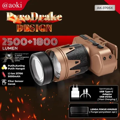 AOKI Senter Kepala PyroDrake Bisa Menyulut Api Sensor Gerak 3 Warna Cahaya USB Recharge